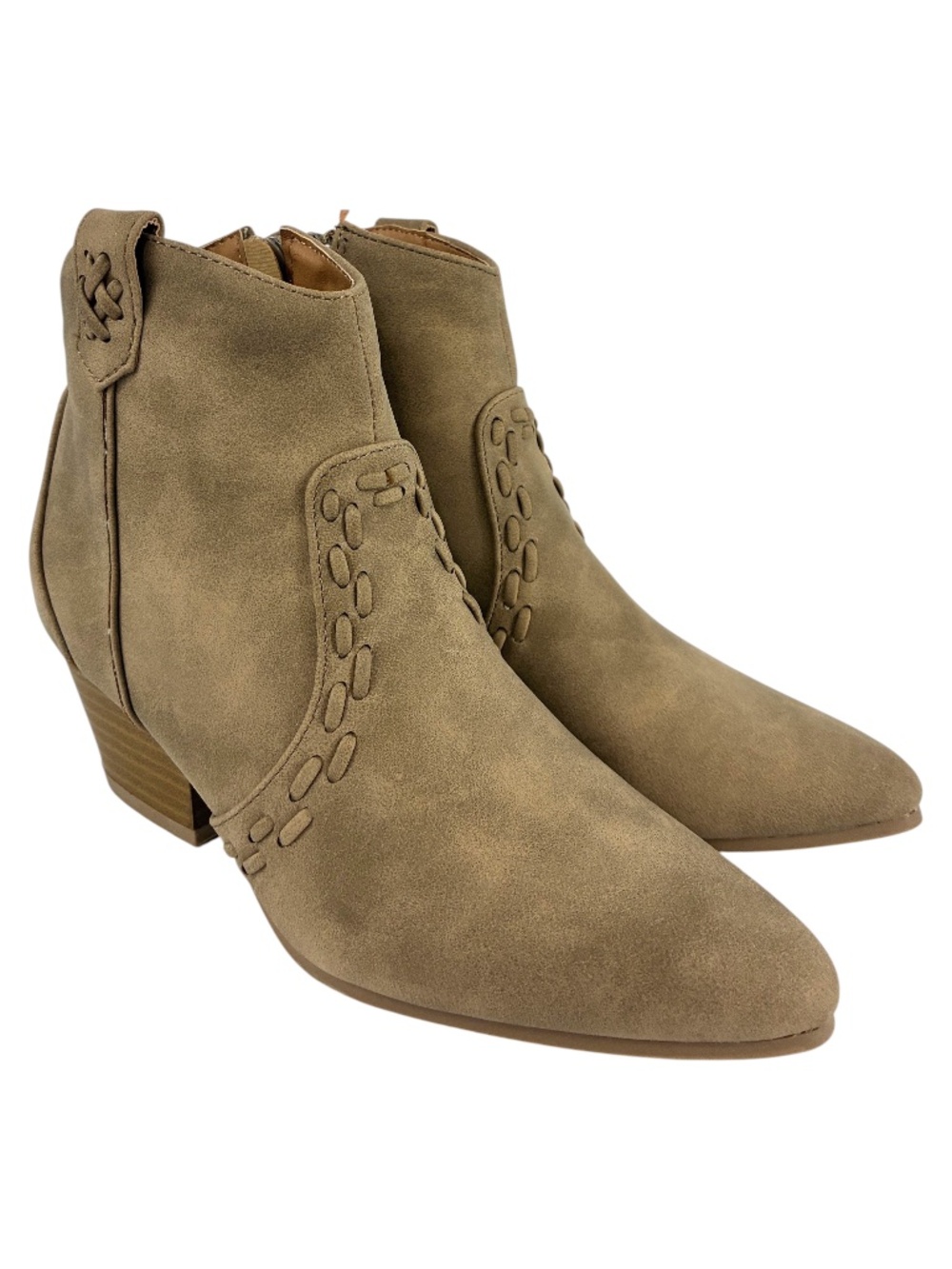 Whipstitch Suede Ankle Boots NEW 5.5 Taupe Block Heel Chunky Pointed Toe Western